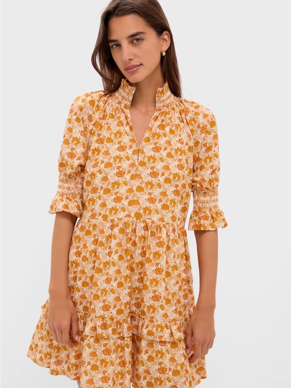 Smocked Collar Floral Mini Dress in Mustard Floral